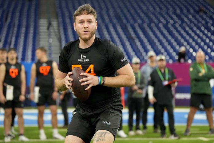 Texas quarterback Quinn Ewers (QB04) during the 2025 NFL Combine at Lucas Oil Stadium.