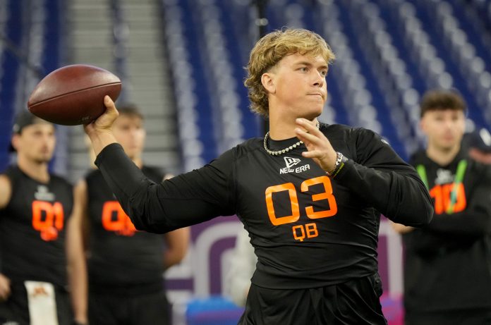 Mississippi quarterback Jaxson Dart (QB03) during the 2025 NFL Combine at Lucas Oil Stadium.