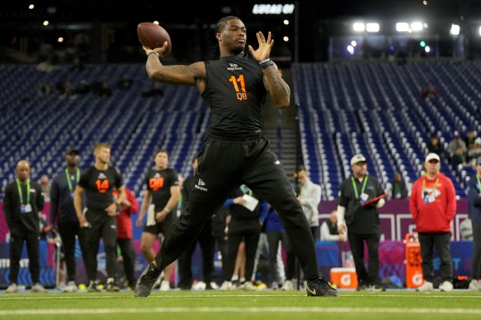 Alabama quarterback Jalen Milroe (QB11) during the 2025 NFL Combine at Lucas Oil Stadium.