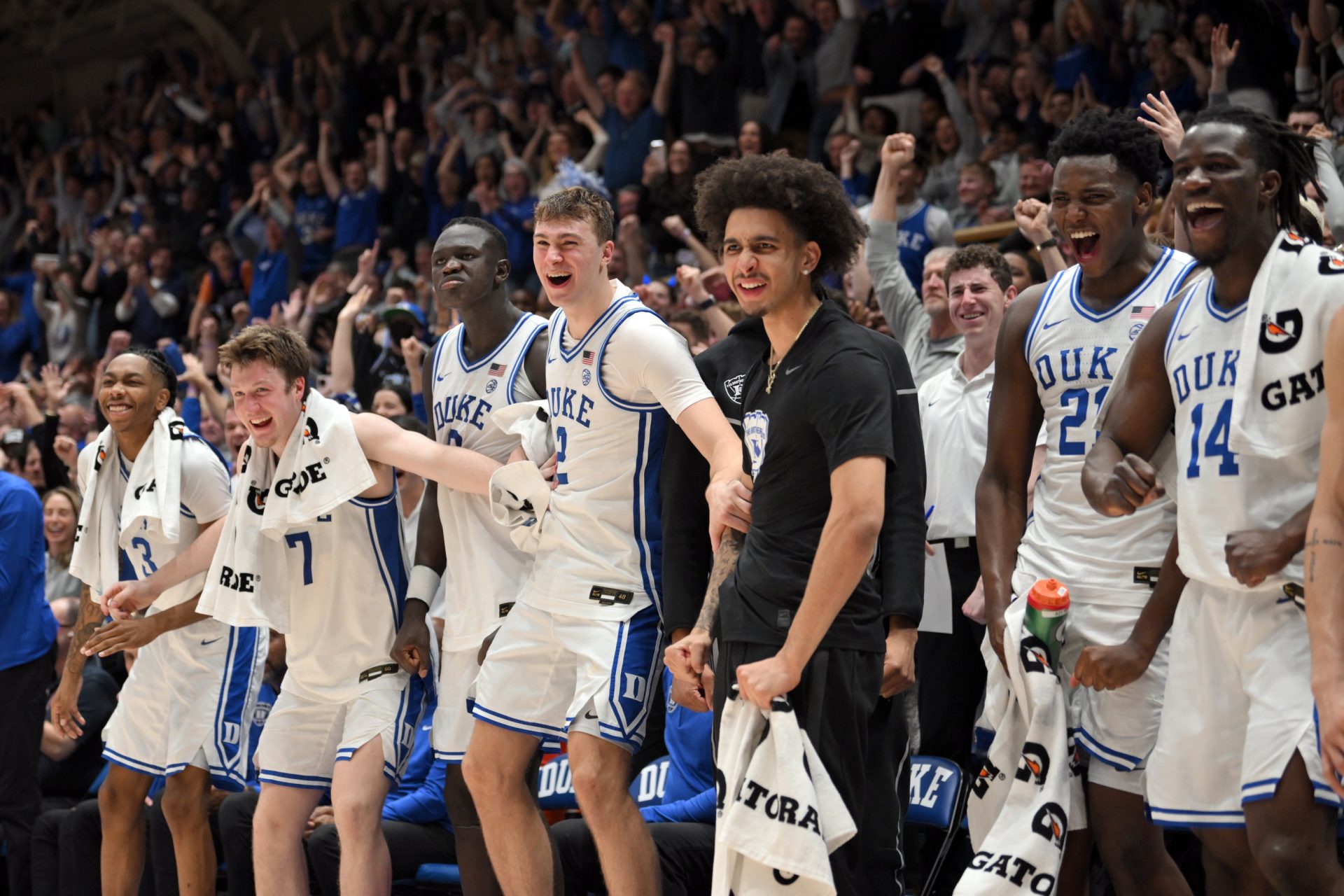 North Carolina, USA; Duke Blue Devils basketball team react during the second half at Cameron Indoor Stadium. Blue Devils won 100-65.