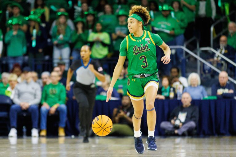 Notre Dame guard Hannah Hidalgo brings the ball up the court during a NCAA women's basketball game between No. 3 Notre Dame and No. 25 Louisville at Purcell Pavilion on Sunday, March 2, 2025, in South Bend.