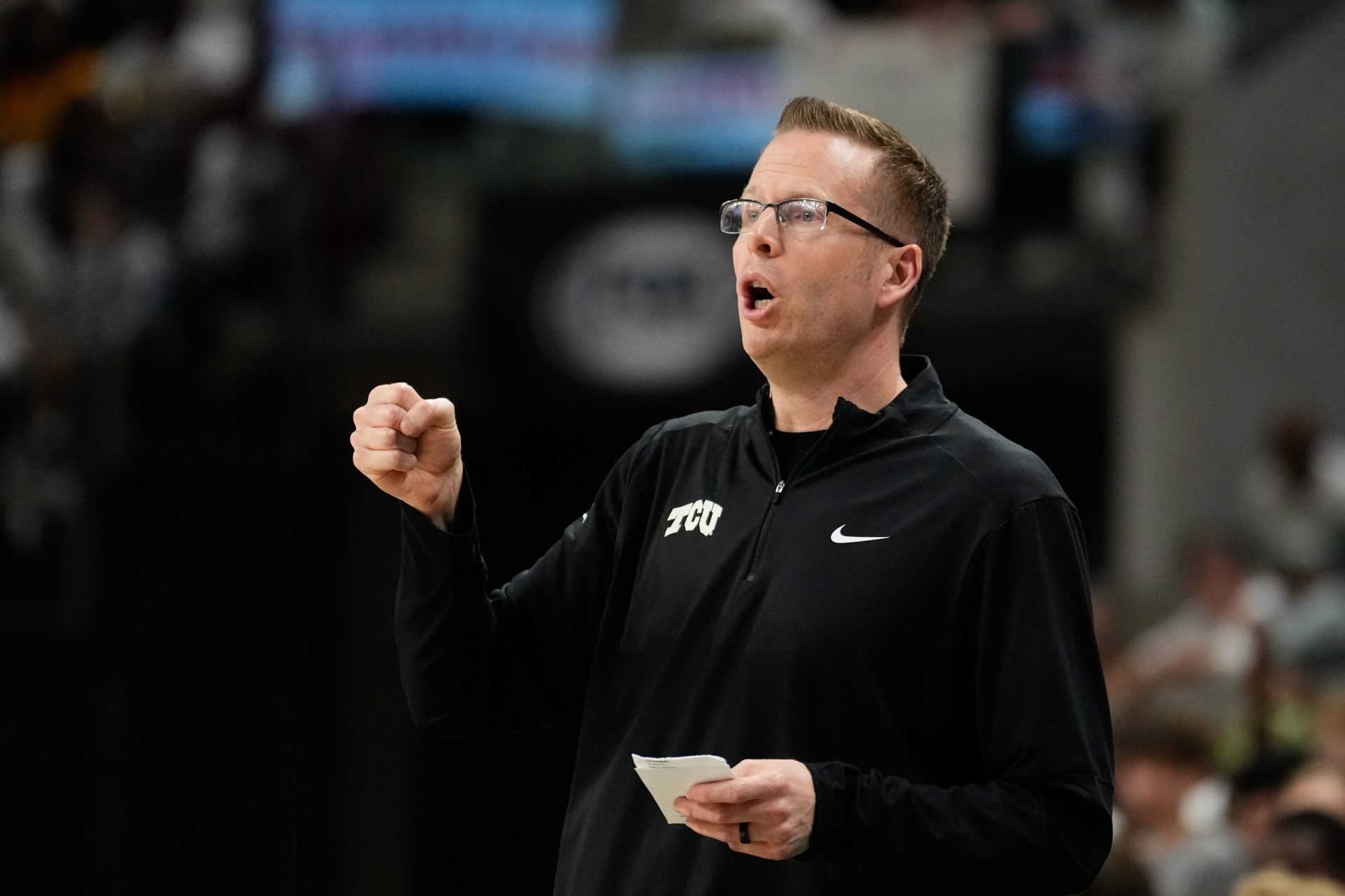TCU Horned Frogs head coach Mark Campbell reacts against the Baylor Lady Bears during the first half at Paul and Alejandra Foster Pavilion.