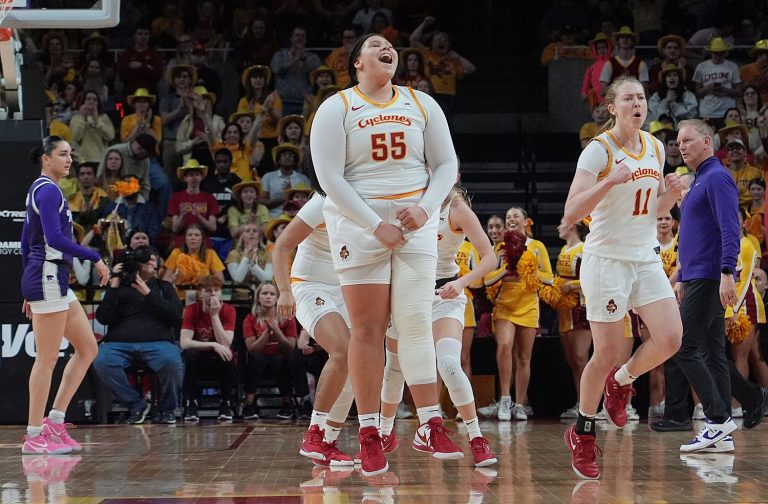 Iowa State Cyclones' center Audi Crooks (55) and guard Emily Ryan (11) during the fourth quarter in the Big-12 women’s basketball at Hilton Coliseum on Sunday, March 2, 2025, in Ames, Iowa.