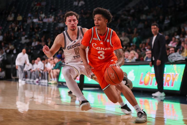 Miami Hurricanes guard Jalil Bethea (3) drives past Georgia Tech Yellow Jackets guard Lance Terry (0) in the first half at McCamish Pavilion.