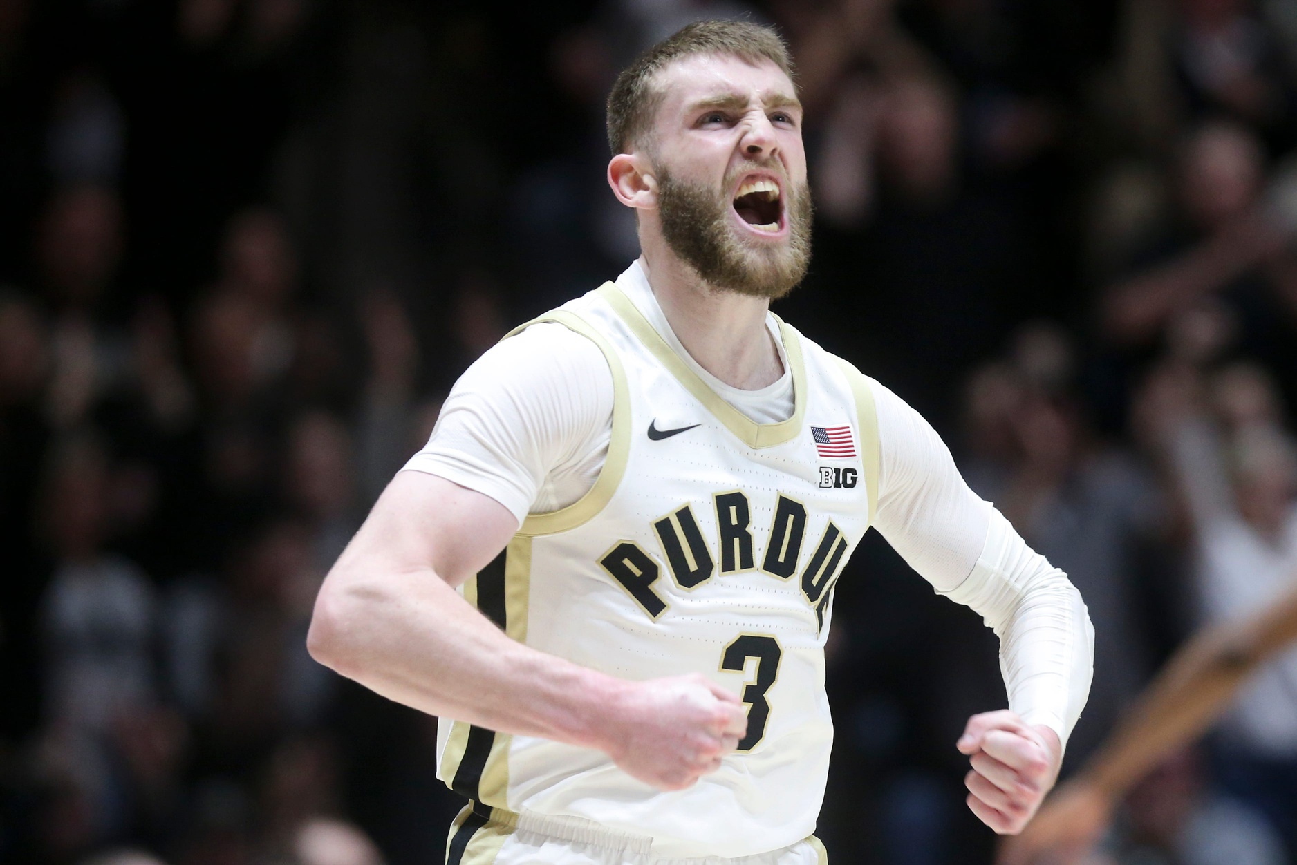 Purdue Boilermakers guard Braden Smith (3) celebrates after scoring Tuesday, March 4, 2025, during the NCAA Big Ten men’s basketball game at Mackey Arena in West Lafayette, Ind.