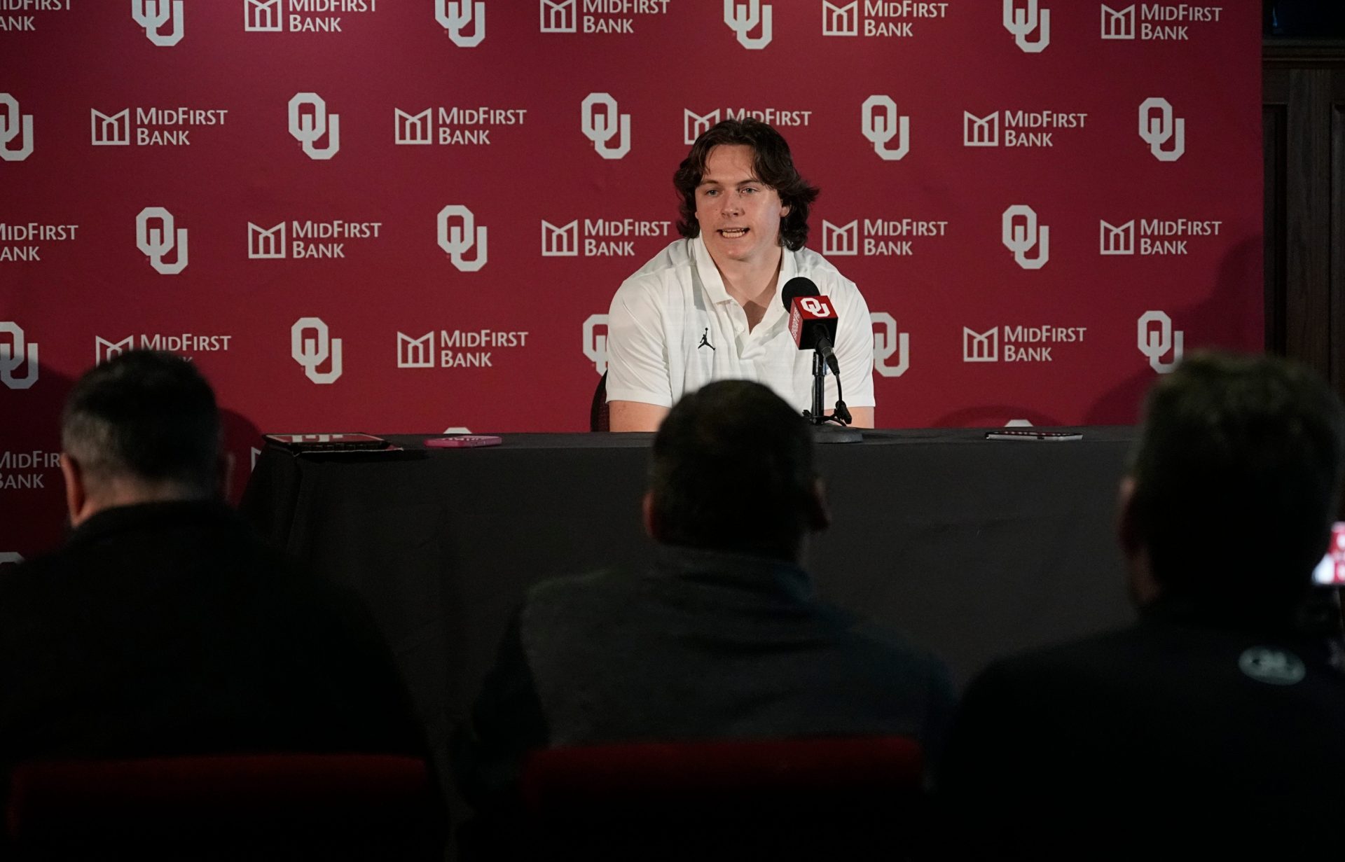 Oklahoma quaterback John Mateer speaks to the media during the University of Oklahoma Sooners football spring press conference