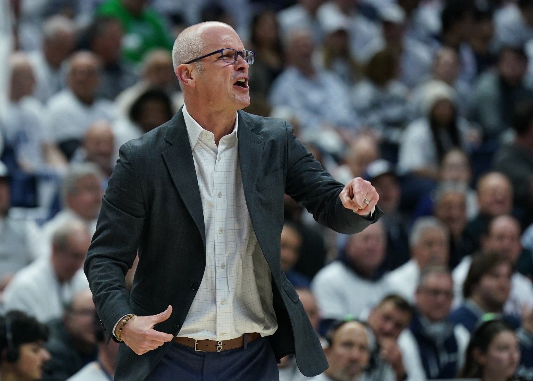 UConn Huskies head coach Dan Hurley watches from the sideline as they take on the Marquette Golden Eagles at Harry A. Gampel Pavilion.