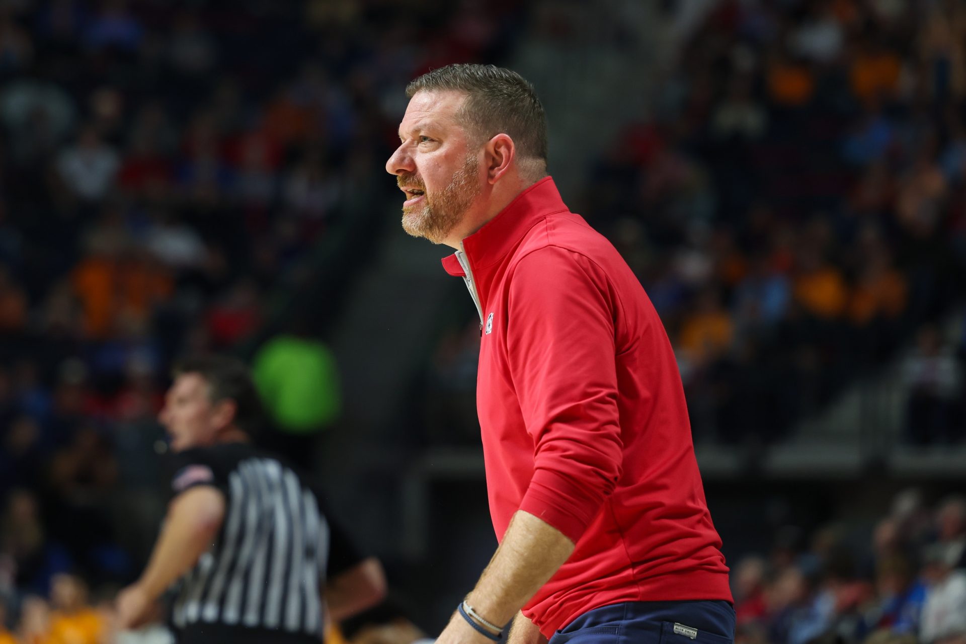 Mississippi Rebels head coach Chris Beard looks on against the Tennessee Volunteers during the first half at The Sandy and John Black Pavilion at Ole Miss.