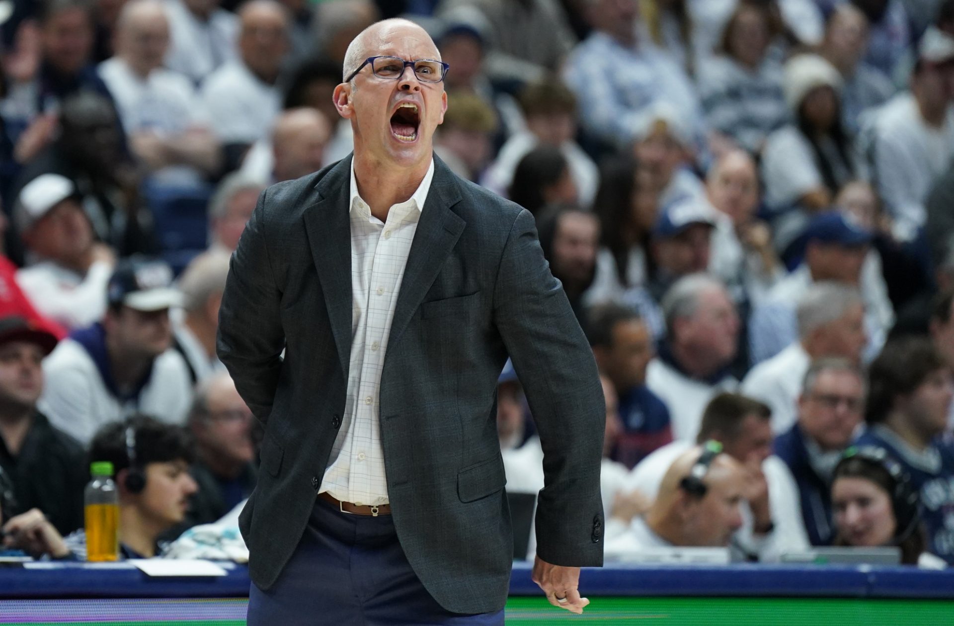 UConn Huskies head coach Dan Hurley watches from the sideline as they take on the Marquette Golden Eagles at Harry A. Gampel Pavilion.