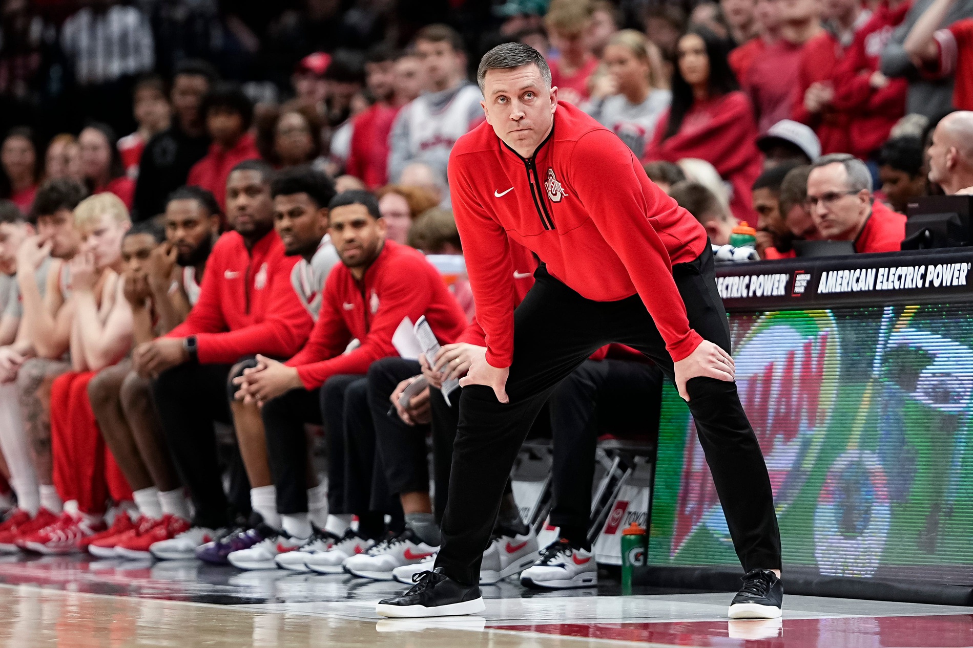 Ohio State Buckeyes head coach Jake Diebler watches during the first half of the NCAA men's basketball game against the Nebraska