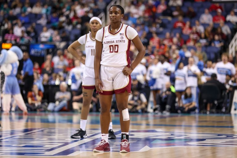 Florida State Seminoles guard Ta'Niya Latson (00) stands on the court during the third quarter against North Carolina Tar Heels at First Horizon Coliseum.