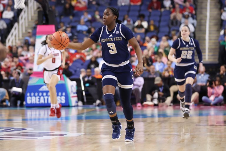 Georgia Tech Yellow Jackets guard Dani Carnegie (3) brings the ball down court during the second quarter against NC State Wolfpack at First Horizon Coliseum.