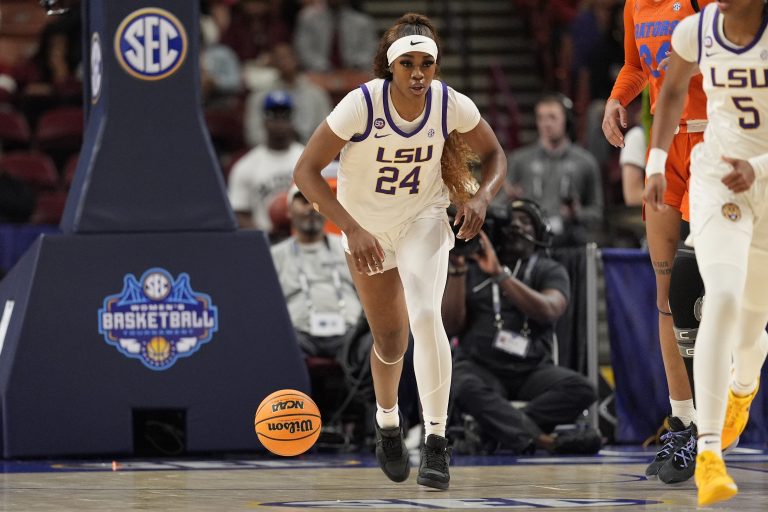 LSU Lady Tigers guard Aneesah Morrow (24) brings the ball up court against the Florida Gators during the first half at Bon Secours Wellness Arena.