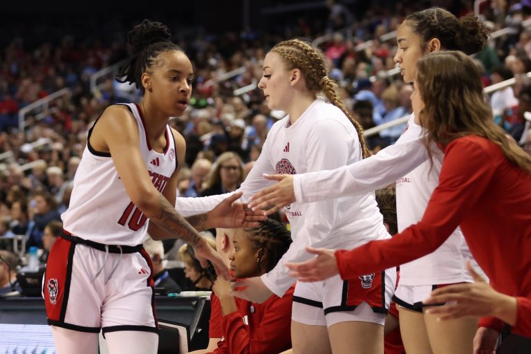 NC State Wolfpack guard Aziaha James (10) subs out during the fourth quarter against North Carolina Tar Heels at First Horizon Coliseum.