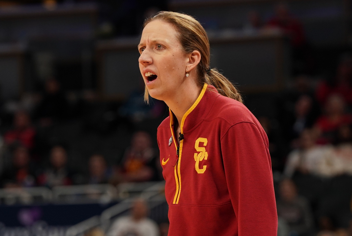 Southern California Trojans head coach Lindsay Gottlieb reacts to a foul called against her player while playing the womenÕs Michigan Wolverines for the Big Ten Conference Tournament semifinals at Gainbridge Fieldhouse.