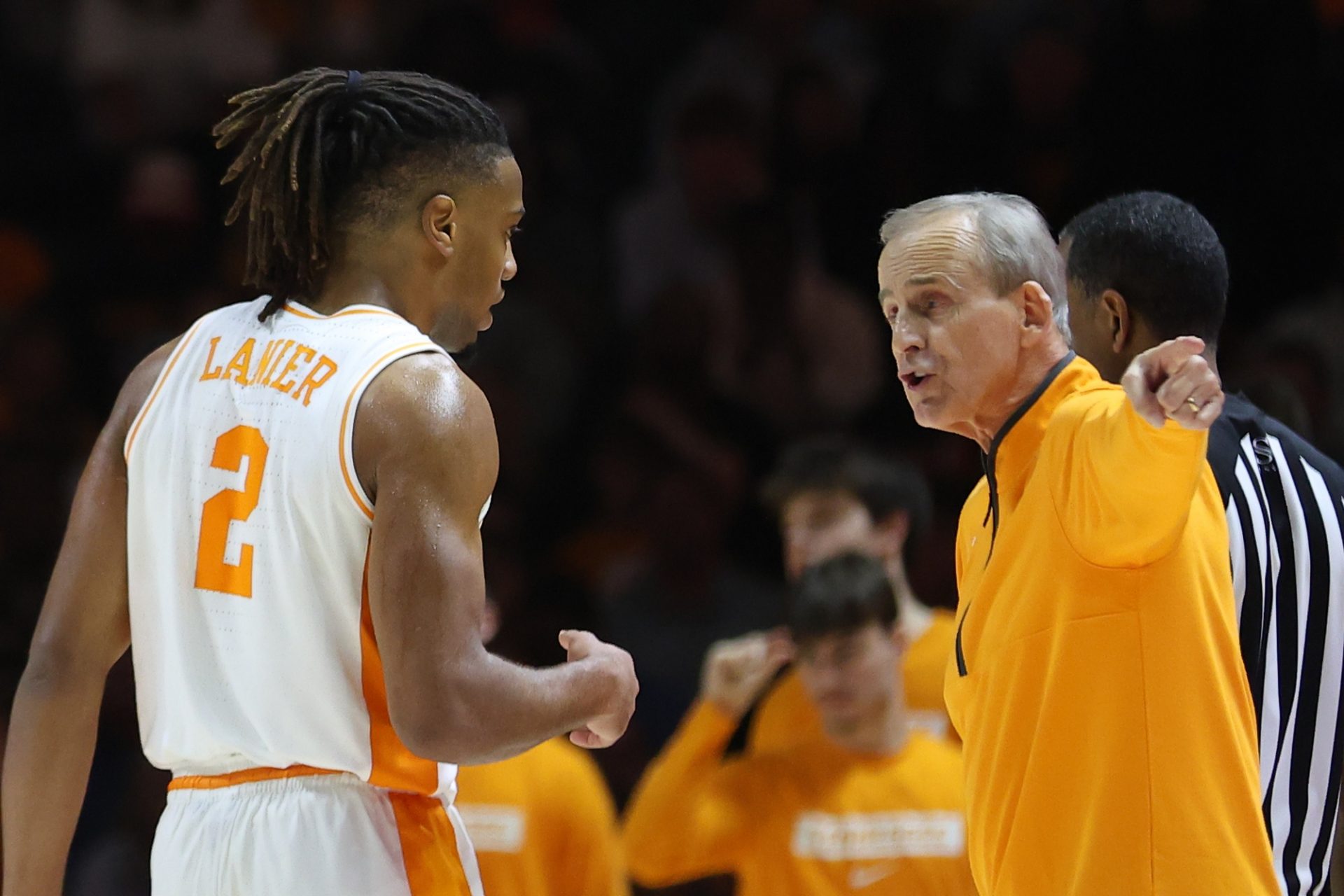 Tennessee Volunteers guard Chaz Lanier (2) speaks with head coach Rick Barnes during the second half against the South Carolina Gamecocks at Thompson-Boling Arena at Food City Center.