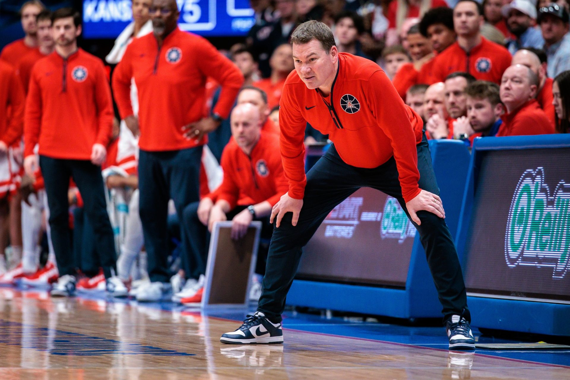 Arizona Wildcats coach Tommy Lloyd watches game play during the second half against the Kansas Jayhawks at Allen Fieldhouse.