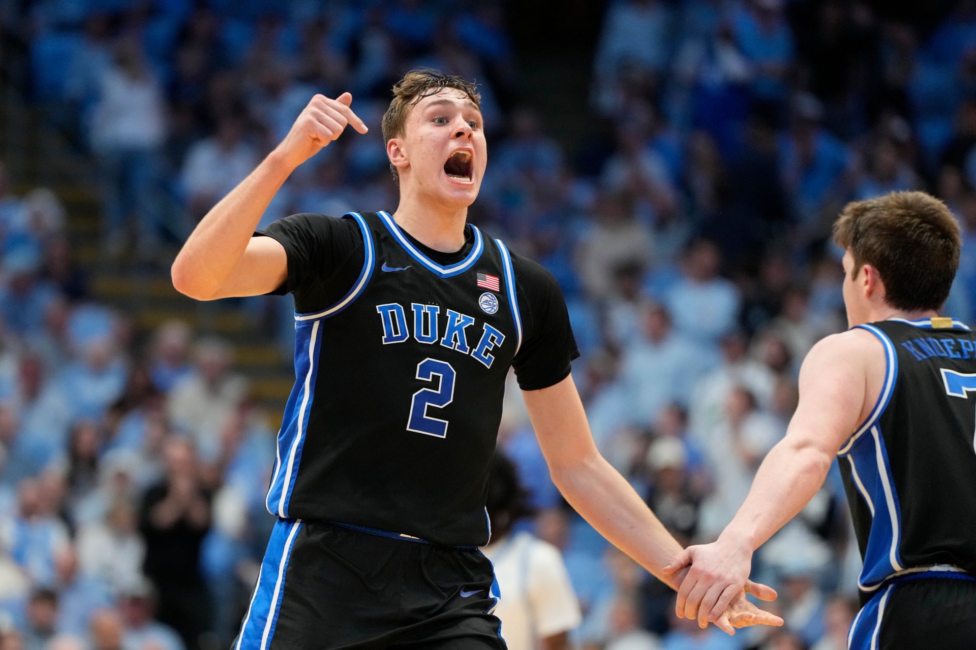 Duke Blue Devils forward Cooper Flagg (2) reacts in the second half at Dean E. Smith Center.