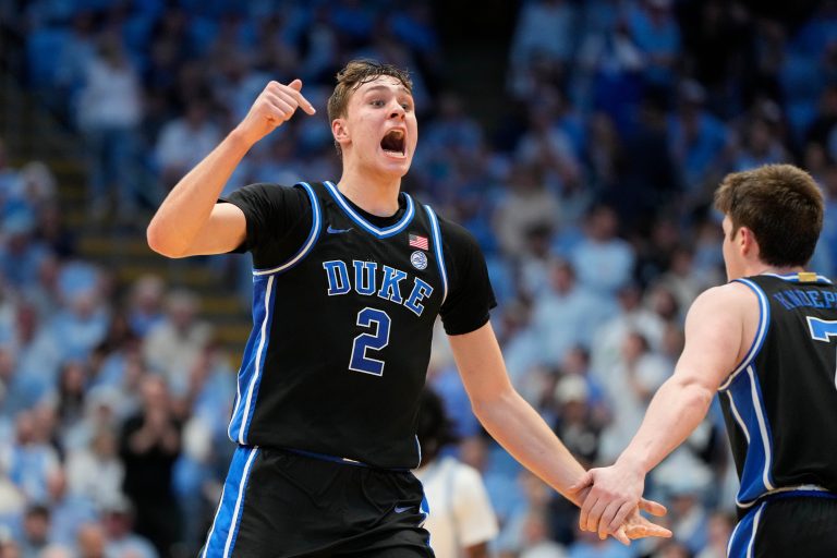 Duke Blue Devils forward Cooper Flagg (2) reacts in the second half at Dean E. Smith Center.