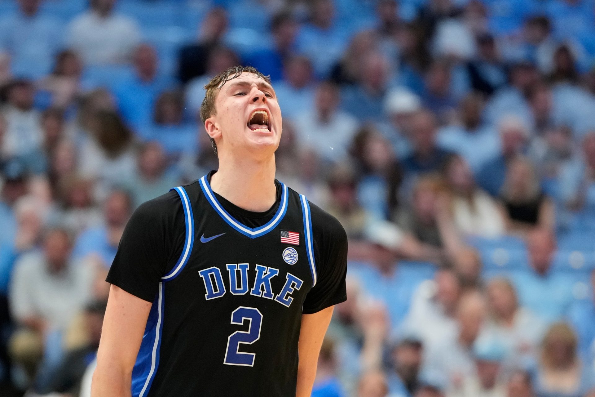 Duke Blue Devils forward Cooper Flagg (2) reacts in the second half at Dean E. Smith Center.