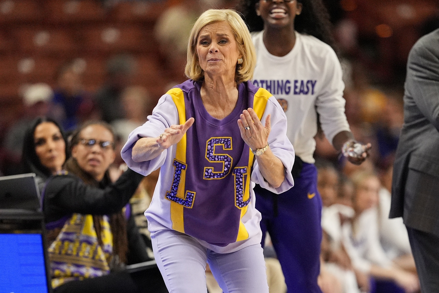 LSU Lady Tigers head coach Kim Mulkey reacts to play during the second half against the Texas Longhorns at Bon Secours Wellness Arena.