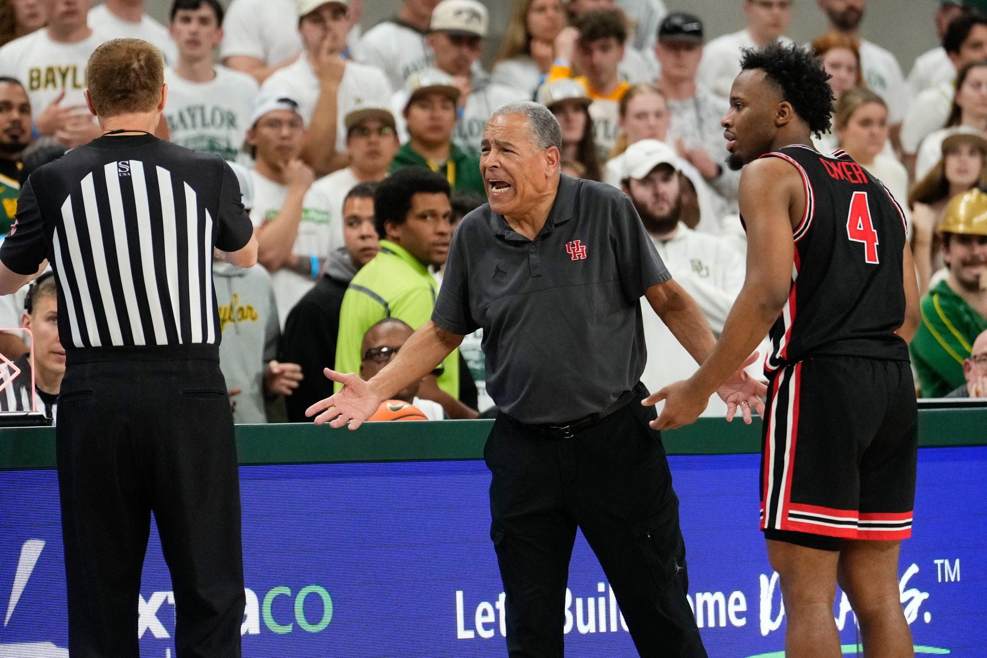 Houston Cougars head coach Kelvin Sampson reacts after a play against the Baylor Bears during the second half at Paul and Alejandra Foster Pavilion.