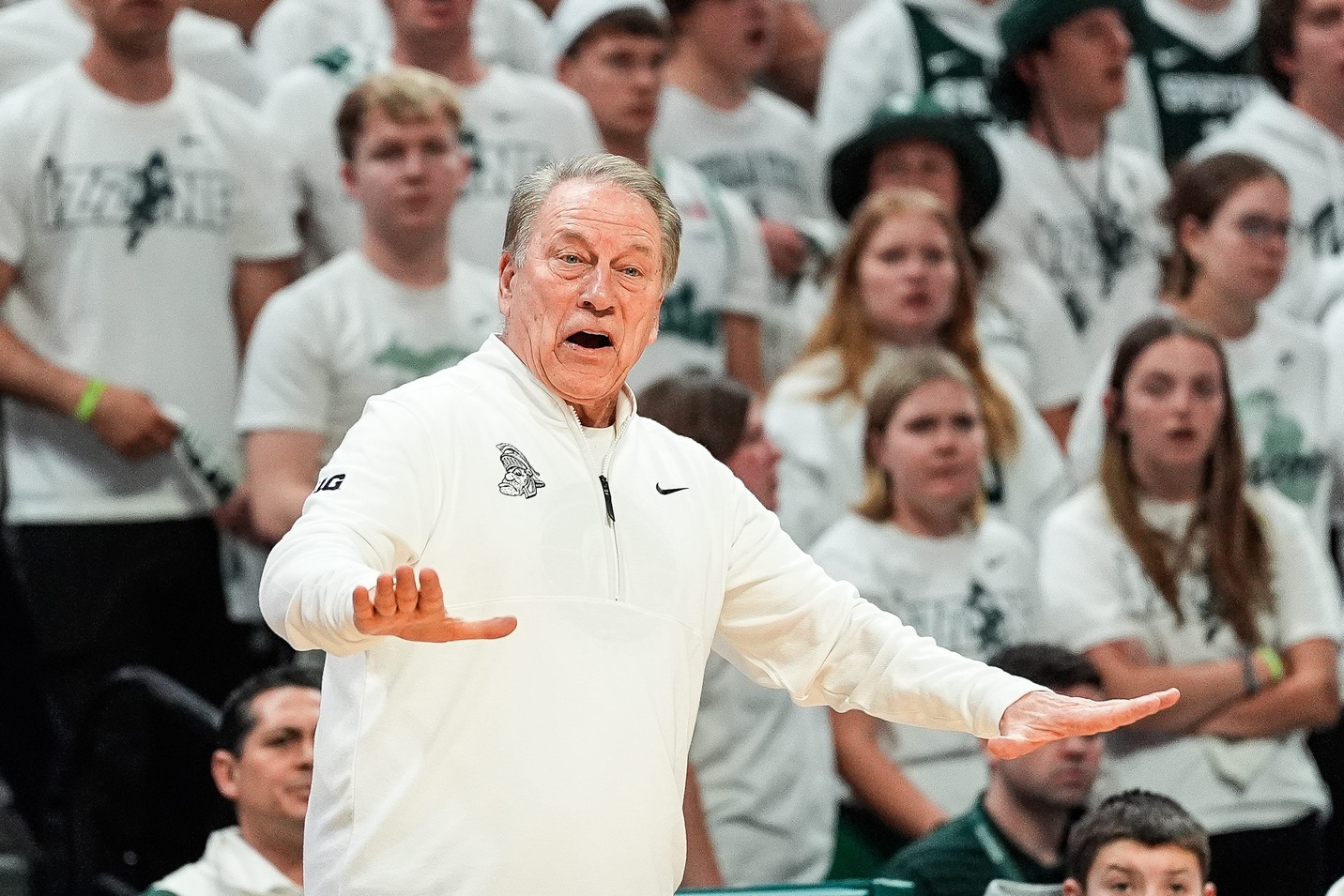 Michigan State head coach Tom Izzo reacts to a play against Michigan during the second half at Breslin Center in East Lansing on Sunday, March 9, 2025.