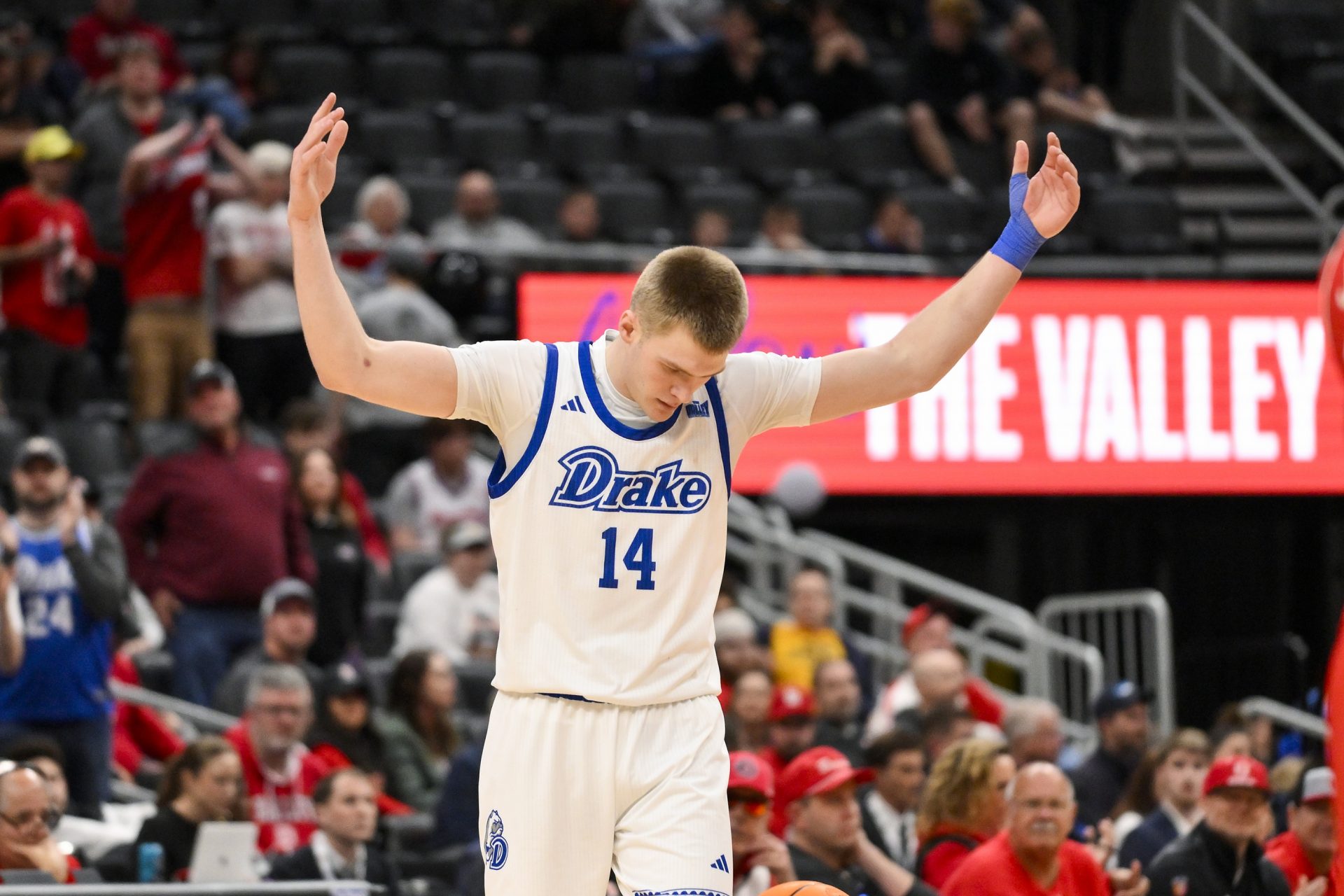 Drake Bulldogs guard Bennett Stirtz (14) reacts during the second half of the Missouri Valley Conference Tournament Championship against the Bradley Braves at Enterprise Center.