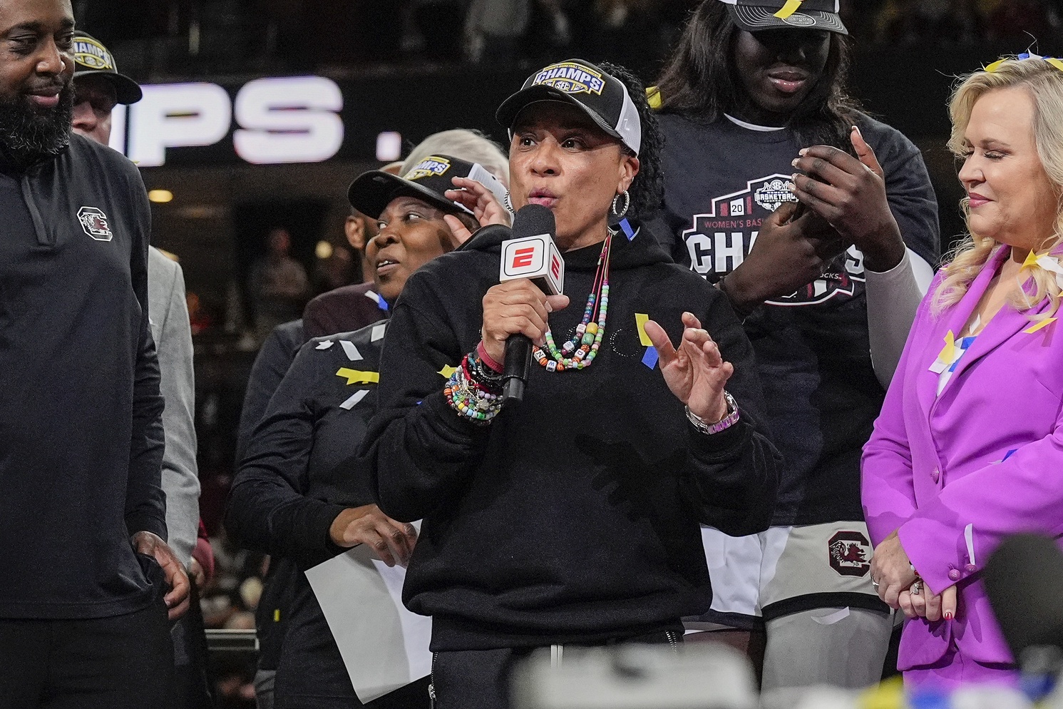 South Carolina Gamecocks head coach Dawn Staley talks to the fans after her teams win over Texas Longhorns for the SEC championship at Bon Secours Wellness Arena