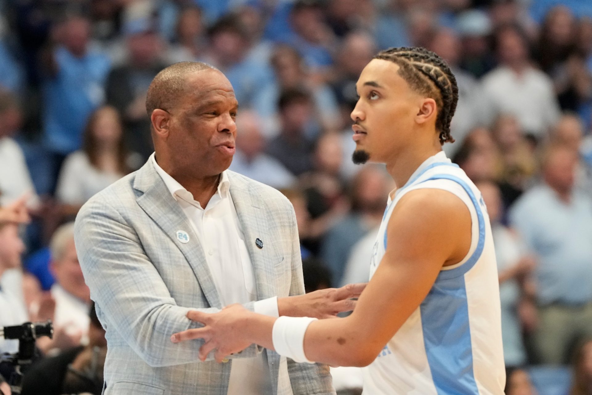 North Carolina Tar Heels head coach Hubert Davis with guard Seth Trimble (7) in the second half at Dean E. Smith Center.