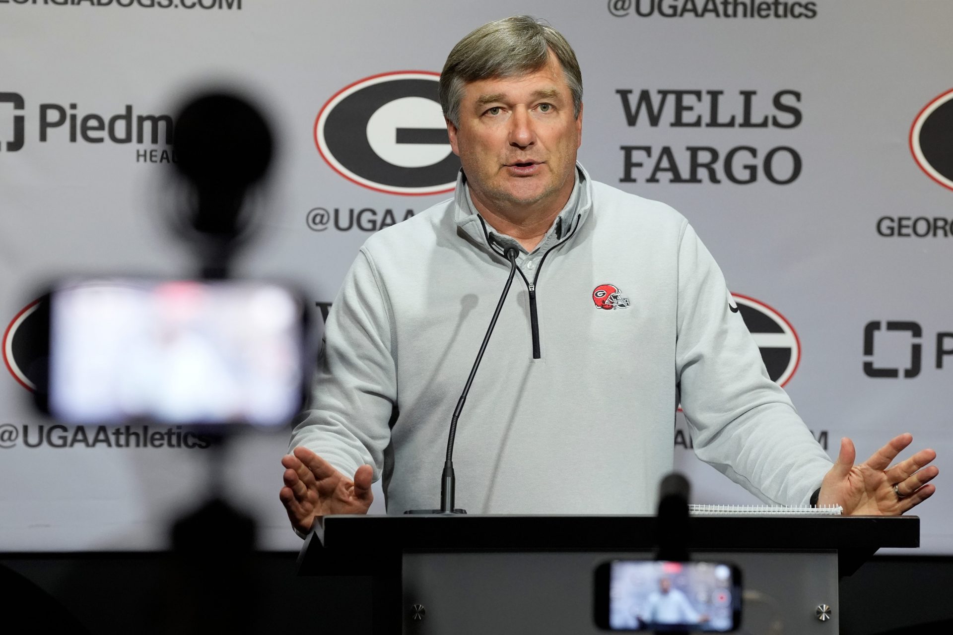 Georgia coach Kirby Smart speaks to the media on the first day of spring practice in Athens, Ga., on Tuesday, March 11, 2025.