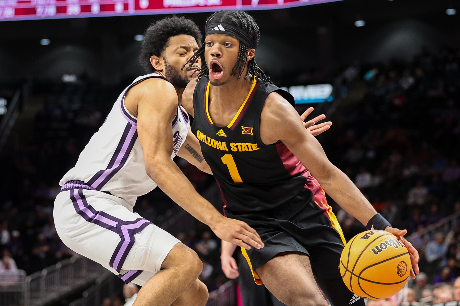 Arizona State Sun Devils guard Alston Mason (1) drives to the basket during the second half against the Kansas State Wildcats at T-Mobile Center.