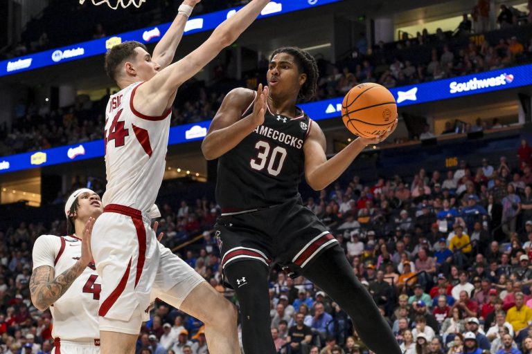 South Carolina Gamecocks forward Collin Murray-Boyles (30) passes the ball under the arms of Arkansas Razorbacks forward Zvonimir Ivisic (44) during the second half at Bridgestone Arena.