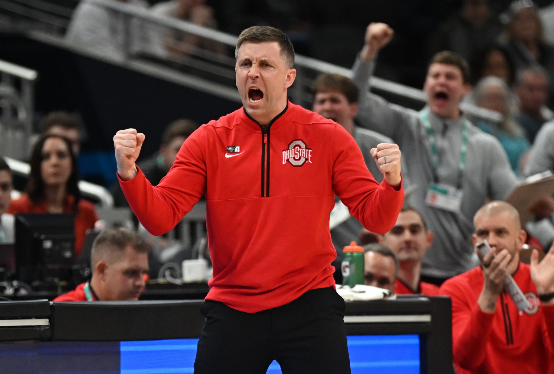 Ohio State Buckeyes head coach Jake Diebler reacts to a play during the second half against the Iowa Hawkeyes