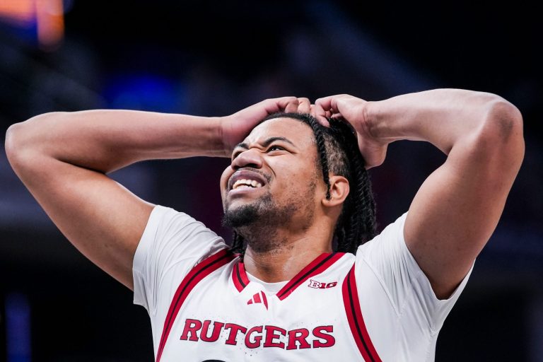Rutgers Scarlet Knights center Lathan Sommerville (24) reacts to a call Wednesday, March 12, 2025, in a first round game at the 2025 TIAA Big Ten Men’s Basketball Tournament between the USC Trojans and the Rutgers Scarlet Knights at Gainbridge Fieldhouse in Indianapolis. The USC Trojans defeated the Rutgers Scarlet Knights, 97-89.