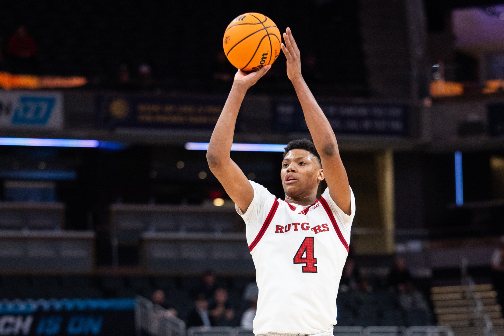 Rutgers Scarlet Knights guard Ace Bailey (4) shoots the ball in the second half against the USC Trojans at Gainbridge Fieldhouse.