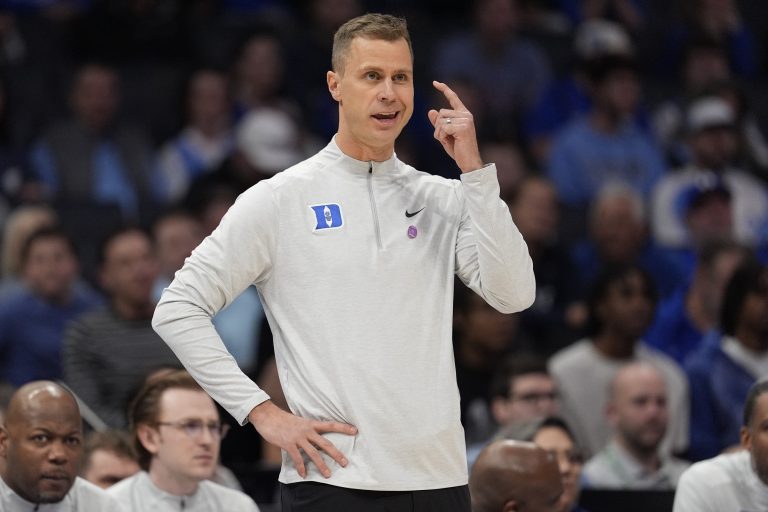Duke Blue Devils head coach Jon Scheyer during the first half against the Georgia Tech Yellow Jackets at Spectrum Center.