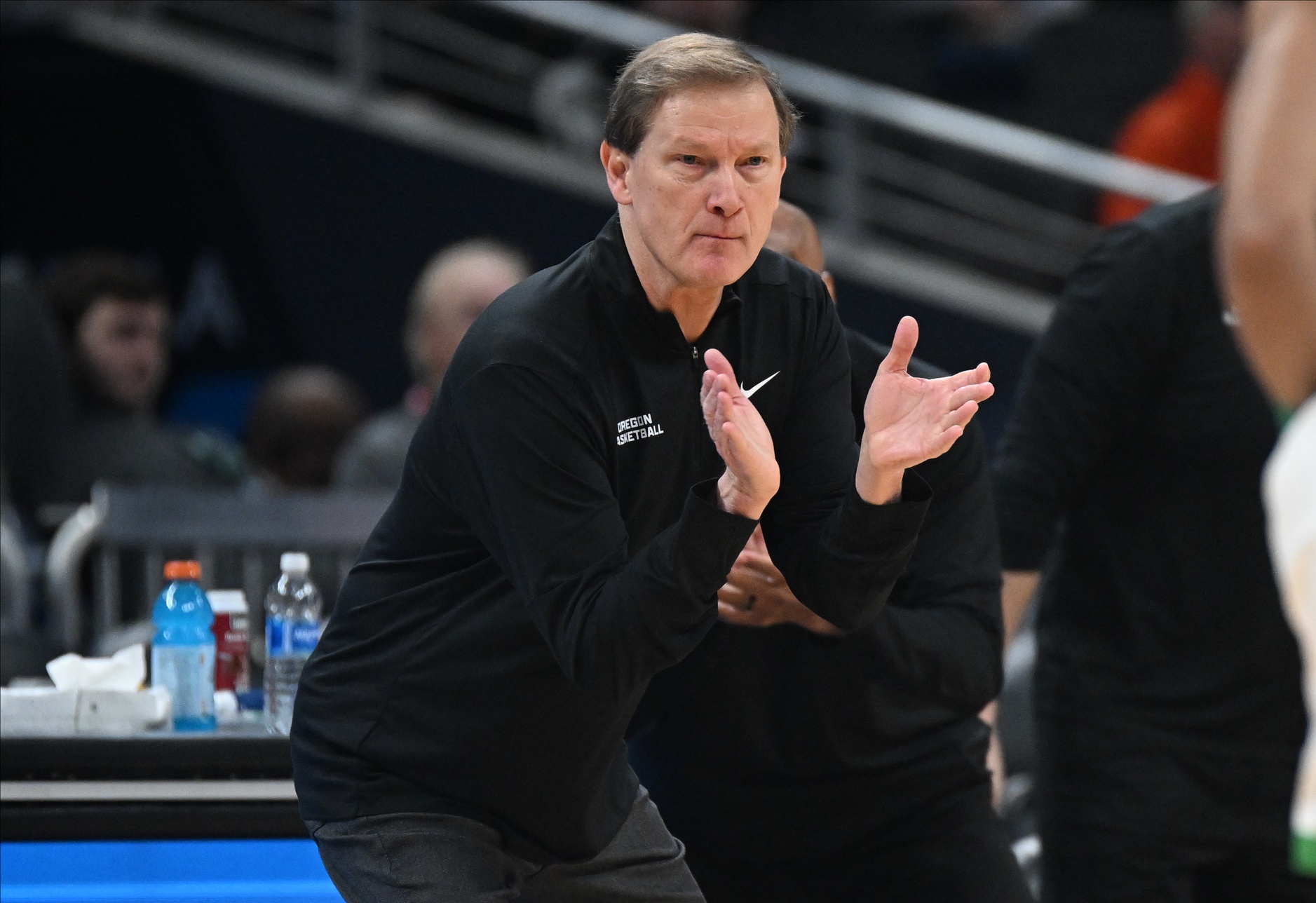 Oregon Ducks head coach Dana Altman during the first half against the Indiana Hoosiers at Gainbridge Fieldhouse.