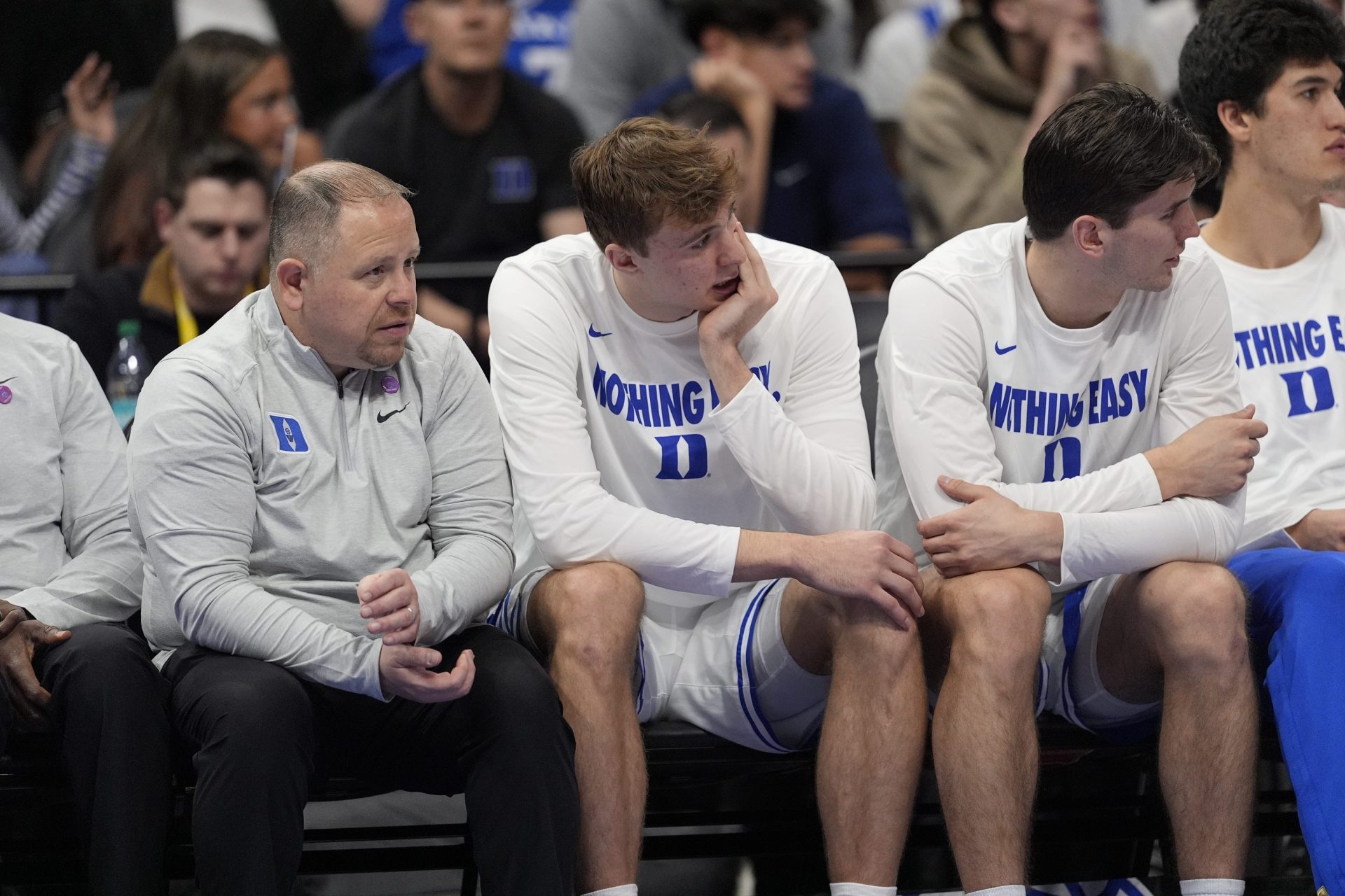 Duke Blue Devils forward Cooper Flagg (2) sits injured on the bench during the second half against the Georgia Tech Yellow Jackets at Spectrum Center.