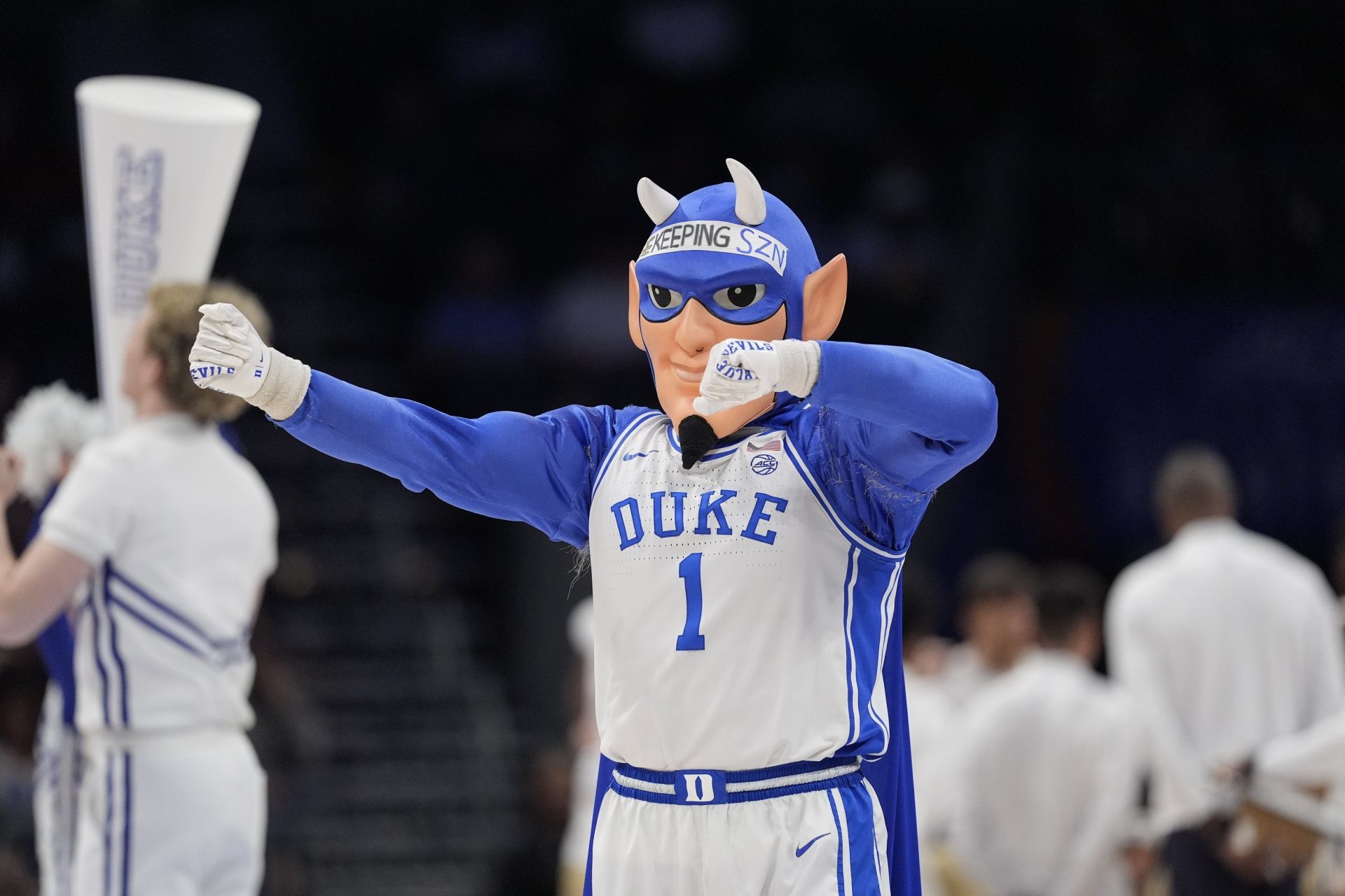 Duke Blue Devils mascot performs during the second half against the Georgia Tech Yellow Jackets at Spectrum Center.