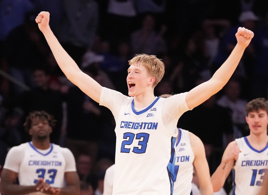 Creighton Bluejays forward Jackson McAndrew (23) celebrates double overtime win over DePaul Blue Demons at Madison Square Garden.