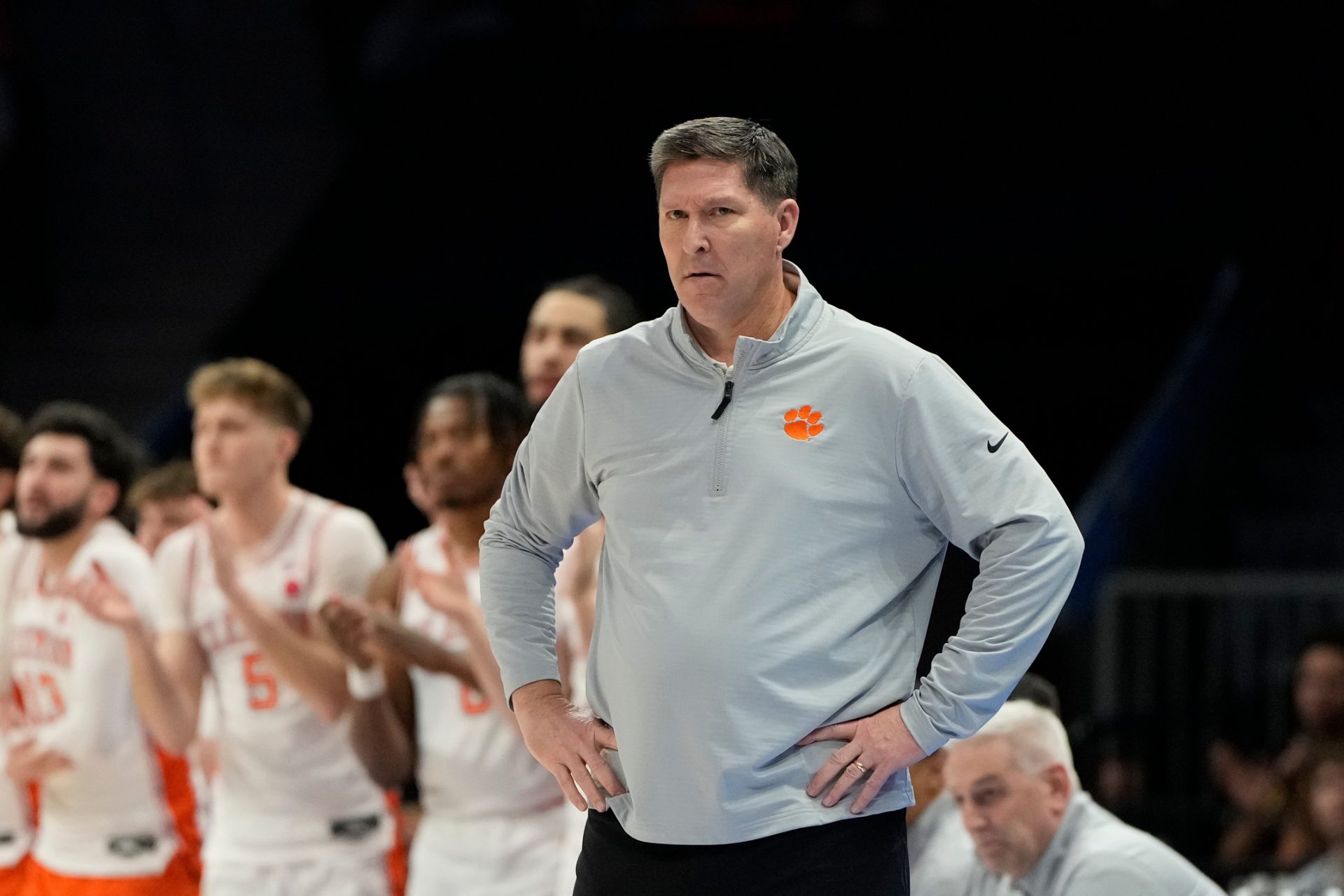 Clemson Tigers head coach Brad Brownell reacts in the first half at Spectrum Center.