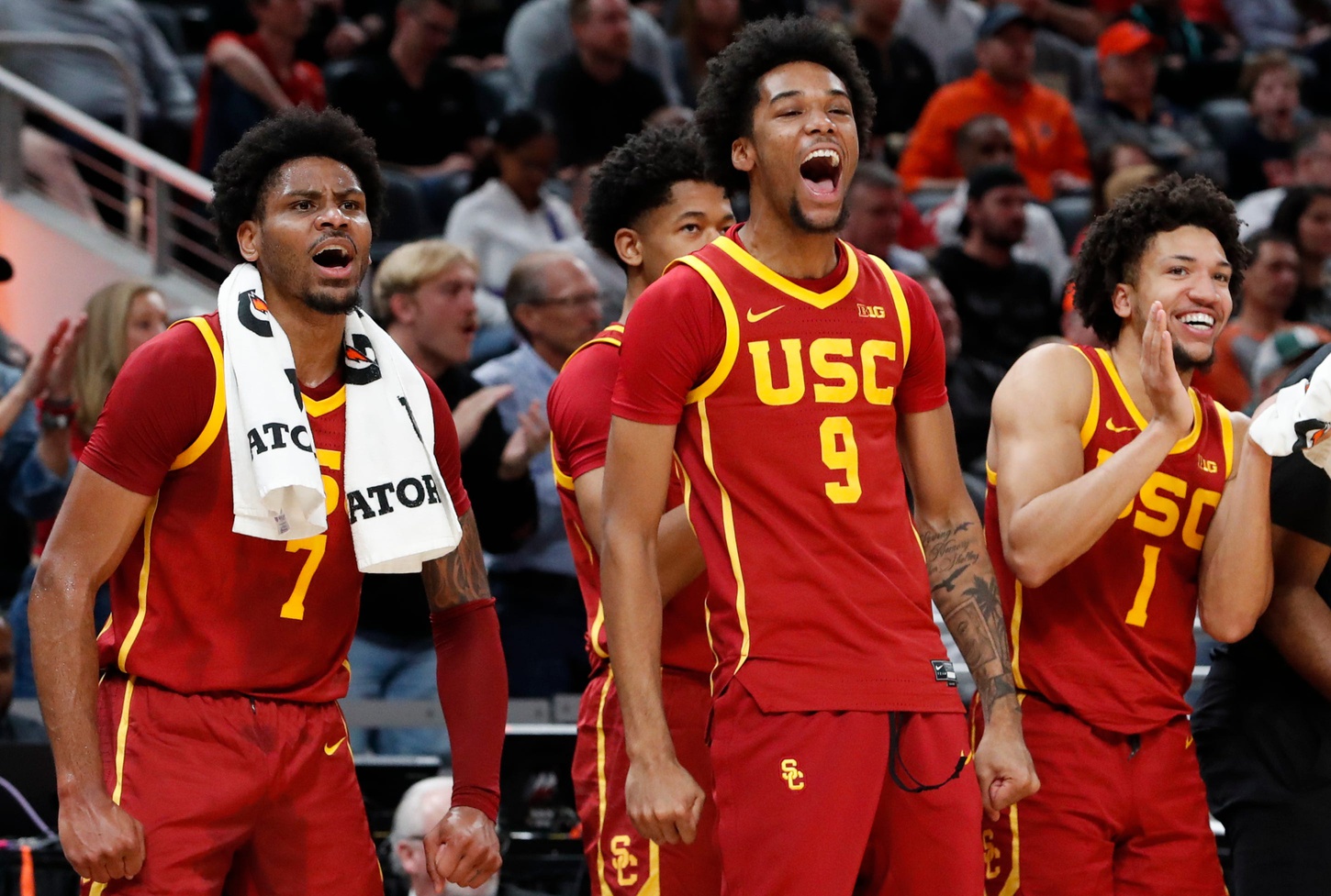 The USC Trojans bench celebrates Thursday, March 13, 2025, during the Big Ten Men’s Basketball Tournament game against the Purdue Boilermakers at Gainbridge Fieldhouse in Indianapolis.