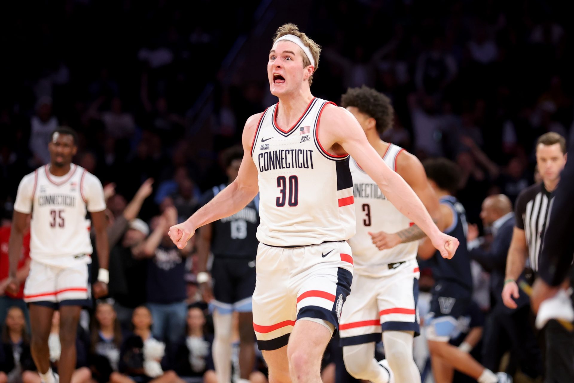 Connecticut Huskies forward Liam McNeeley (30) reacts during the second half against the Villanova Wildcats at Madison Square Garden.