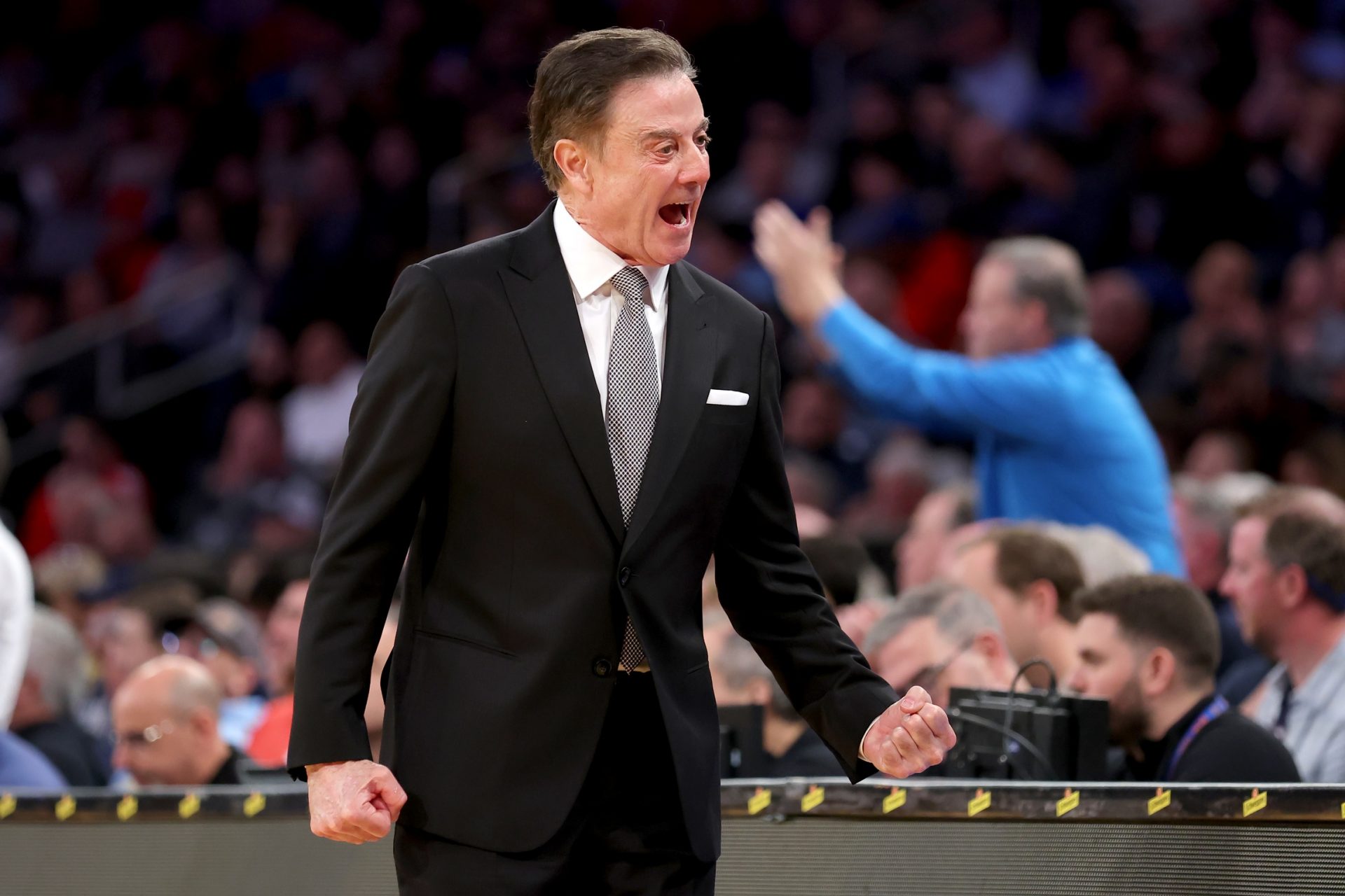 St. John's Red Storm head coach Rick Pitino reacts as he coaches against the Marquette Golden Eagles during the second half at Madison Square Garden.