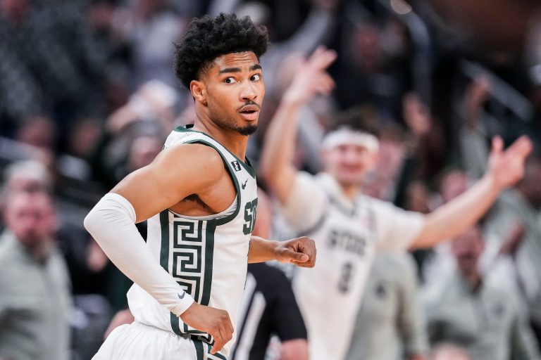 Michigan State Spartans guard Jaden Akins (3) runs back onto defense Saturday, March 15, 2025, in a semifinals game at the 2025 TIAA Big Ten Men’s Basketball Tournament between the Michigan State Spartans and the Wisconsin Badgers at Gainbridge Fieldhouse in Indianapolis.