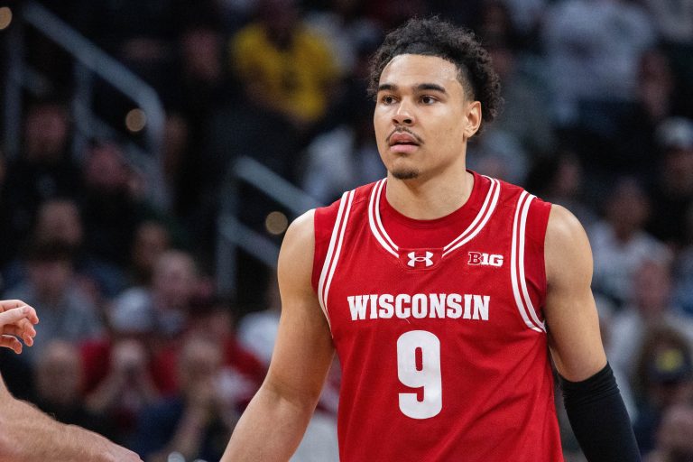 Wisconsin Badgers guard John Tonje (9) in the second half against the Michigan State Spartans at Gainbridge Fieldhouse.