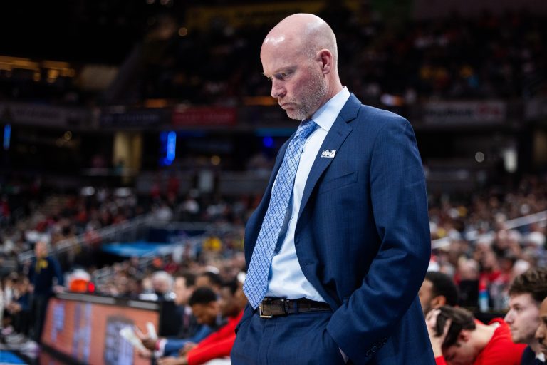 Maryland Terrapins head coach Kevin Willard in the second half against the Michigan Wolverines at Gainbridge Fieldhouse.