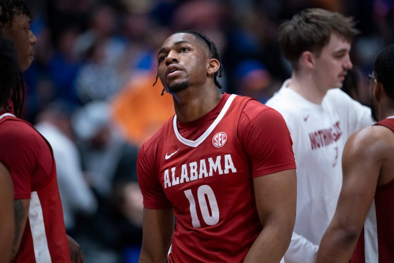 Alabama forward Mouhamed Dioubate (10) heads to the bench after losing to Florida in their semifinal game of the SEC Men's Basketball Tournament at Bridgestone Arena