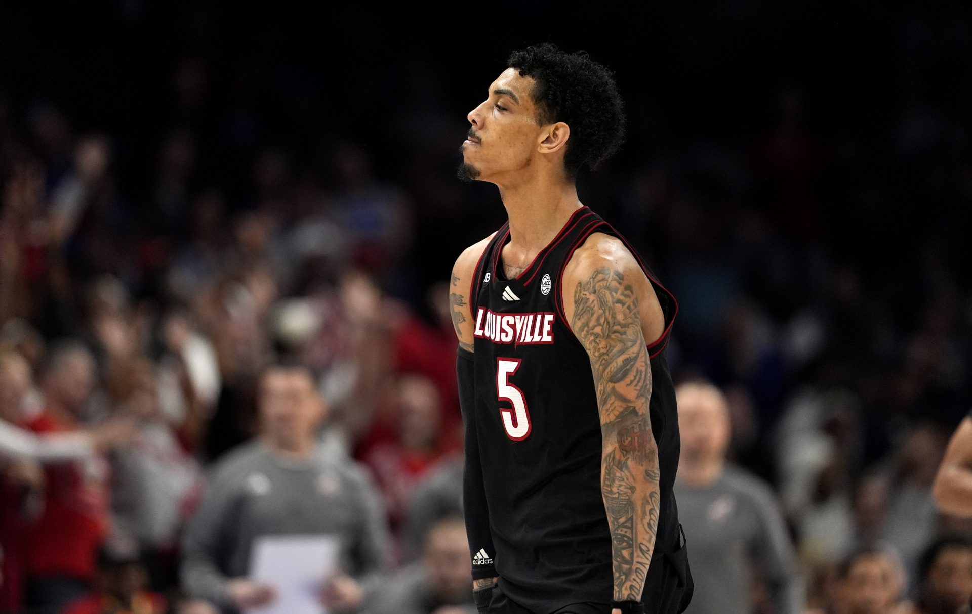 Louisville Cardinals guard Terrence Edwards Jr. (5) reacts after a play in the second half of the 2025 ACC Conference Championship game against the Duke Blue Devils